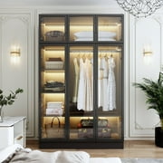 OxyLife Wardrobe Closet with Glass Door and LED Light, 74.8"H Bedroom Wood Armoire