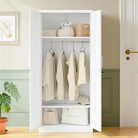 Wardrobe Closet with Lock,72" H Metal Storage Cabinet with Closet Rod,Lockable Wardrobe Cabinet for Bedroom,Laundry Room,Home Office(White)