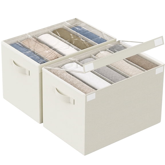 2 Pack Large Clothes Organizer, 5 Divided Wardrobe Closet Organizer and Storage Clothing Storage Boxes for Pants, Jeans, Sweaters, T-shirts Beige