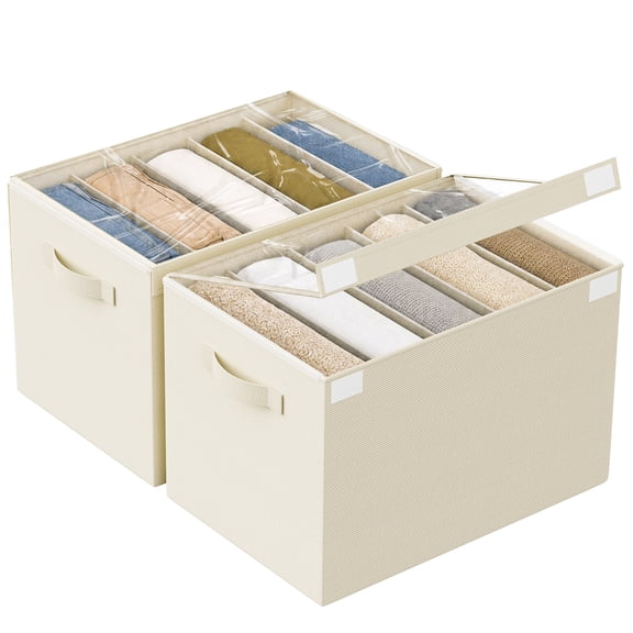 2 Pack Large Clothes Organizer, 5 Divided Wardrobe Closet Organizer and Storage Clothing Storage Boxes for Pants, Jeans, Sweaters, T-shirts Beige