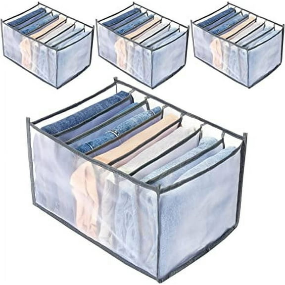 Wardrobe Clothes Organizer,7 Grids Foldable Visible Clothes Storage Organizer Clothes, Drawer Organizers for Jeans,Skirts,T-shirt,Legging(Grey 4Pack)