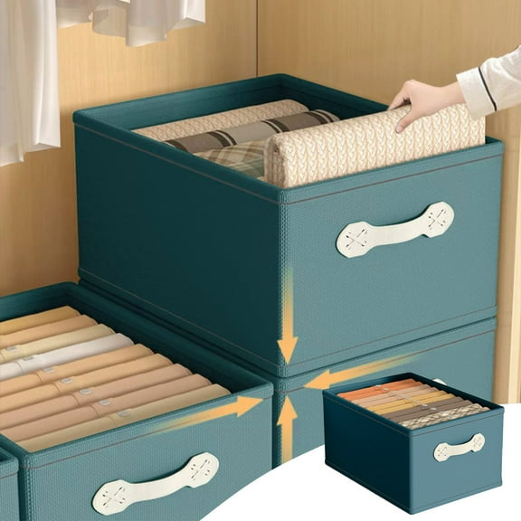 Wardrobe Clothes Organizer Set, Foldable Storage Box and Drawer Organizer with Thick Leather Handles, Large Capacity Green Cloth Stackable Organizers for Bedroom Closet Storage and Tidy