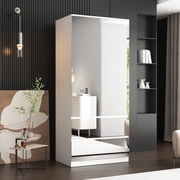 Wardrobe with Mirror Doors, White Bedroom Armoire with 2 Drawers, Hanging Rod, Mirrored Closet Modern Clothes Storage Cabinet for Guest Room Cloakroom, 31.5 W x 19.7 D x 70.9 H