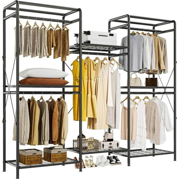 Wardrobe Organizer - Heavy Duty Clothes Rack with 5 Closet Rods & 6 Shelves, Adjustable for Hanging & Storage - 75.2''67.7'', Black