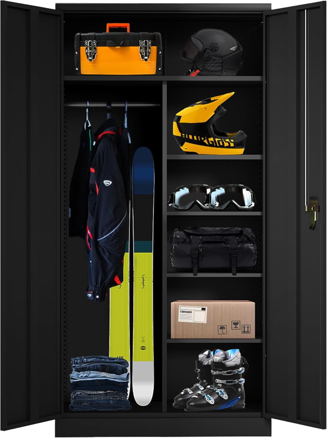 Black Metal Freestanding Wardrobe Cabinet with Adjustable Shelves and Lockable Doors