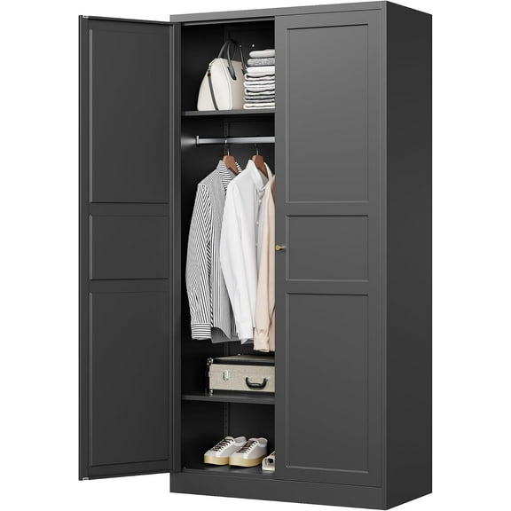 Wardrobe closet with doors, tall metal wardrobe cabinet with hanging rod for bedroom, laundry room and office, clothes storage organizer cabinets with locking door and shelf