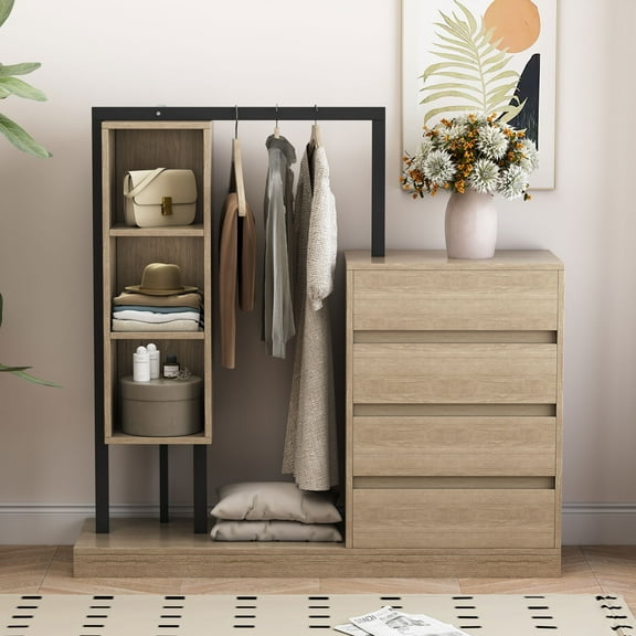 Wardrobe with 4 Drawers and 3 Shelves, Natural, MDF, Metal