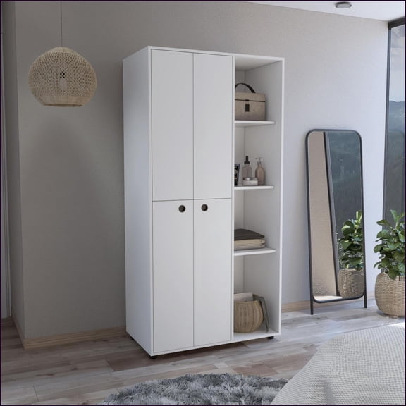 Wardrobes & Armoires Misuri Double Door Armoire with Drawer, Hanging Rod, Open Shelves | White | Particle Board