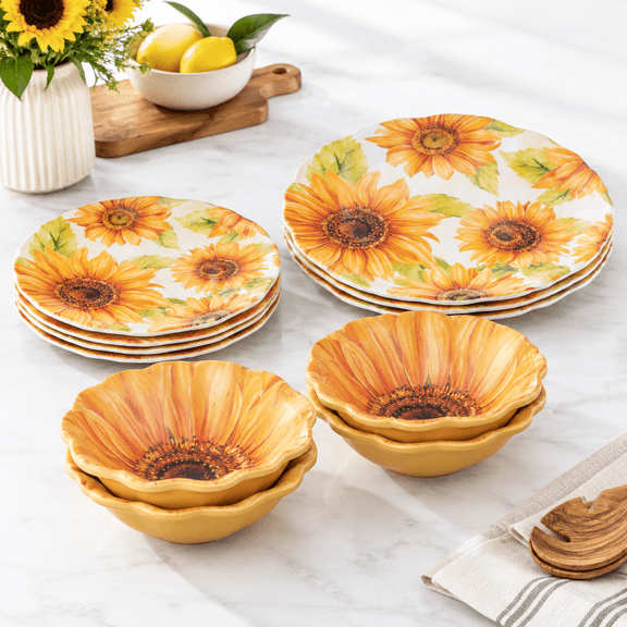 Ware 12 Piece Sunflower Dinnerware Sets Outdoor Dishes Set Plates And Service For 4 Yellow