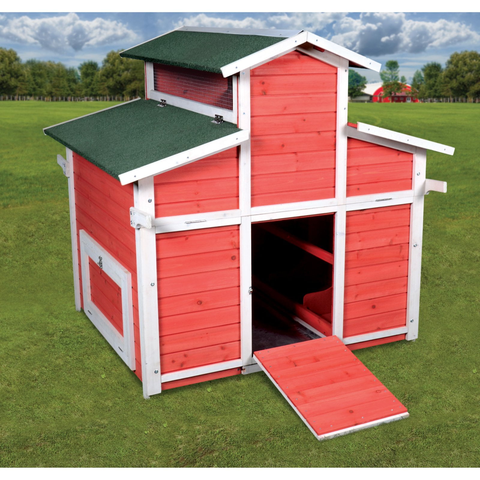 Large Red and White Wooden Chicken Coop with Ramp