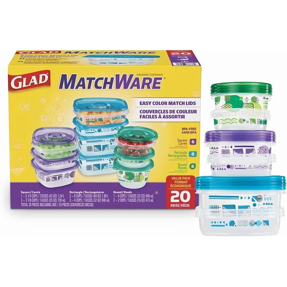 Ware Matchware Food Storage Containers, Value Pack -  Containers and Lids in a Variety of Sizes to Hold and Store Food Lock Tight Seal, 20 Count - 2 Pack