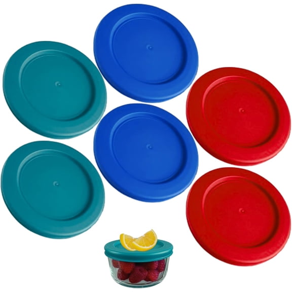 Ware Replacement Lids for - 1 Cup Storage Bowl Covers, BPA Free Plastic Lids for Pyrex 7202, Anchor Hocking (6 Pack, Turquoise Blue Red) - Containers NOT Included