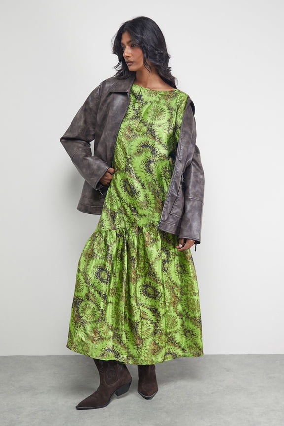 Asymmetric Seam Volume Sleeve Midi Dress - Green, 4