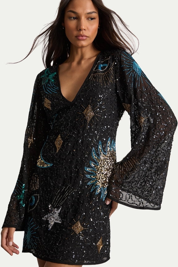 Celestial Sequin Embellished Mini Dress - Black, 6
