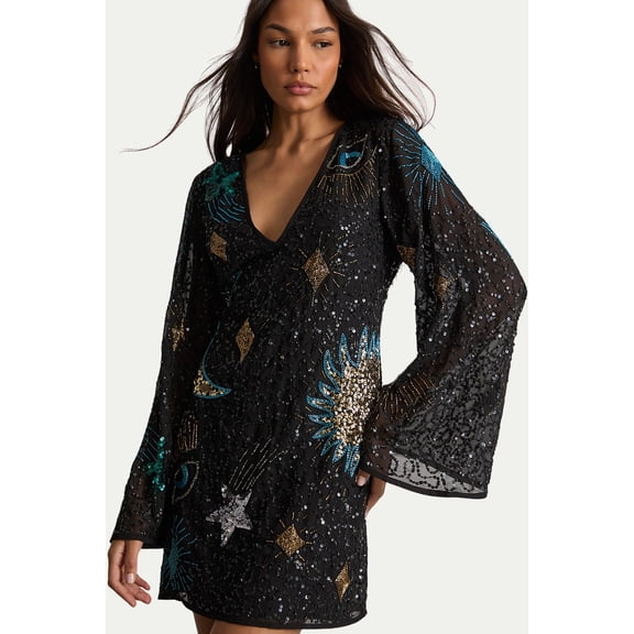 Warehouse Celestial Sequin Embellished Mini Dress - Black, 8