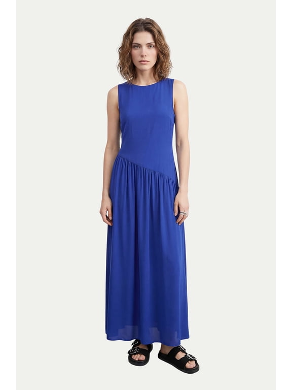 Dropped Waist Chiffon Tiered Maxi Dress - Blue, 10