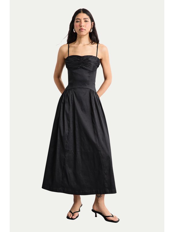 Dropped Waist Ruched Bust Midi Dress - Black, 12
