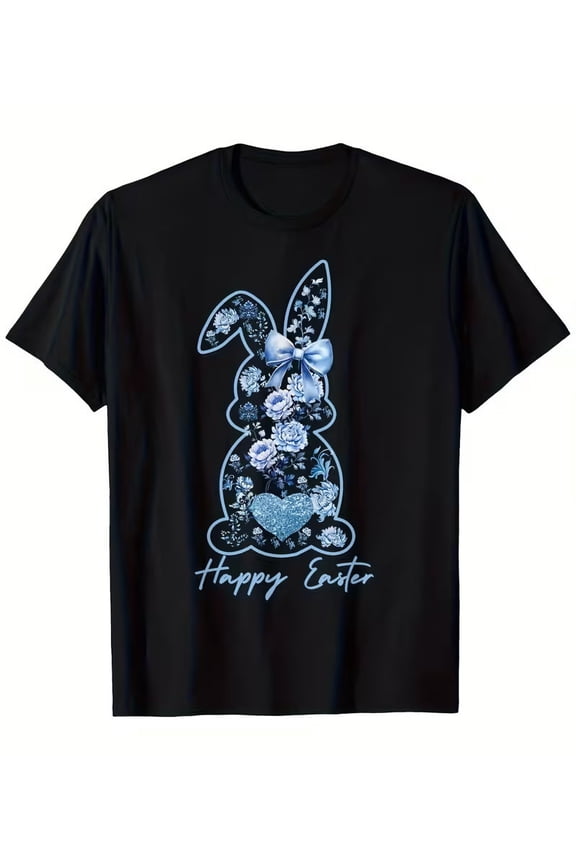 Warehouse Easter Flower Rabbit with Blue Bow and Happy Easter Letters T-Shirt