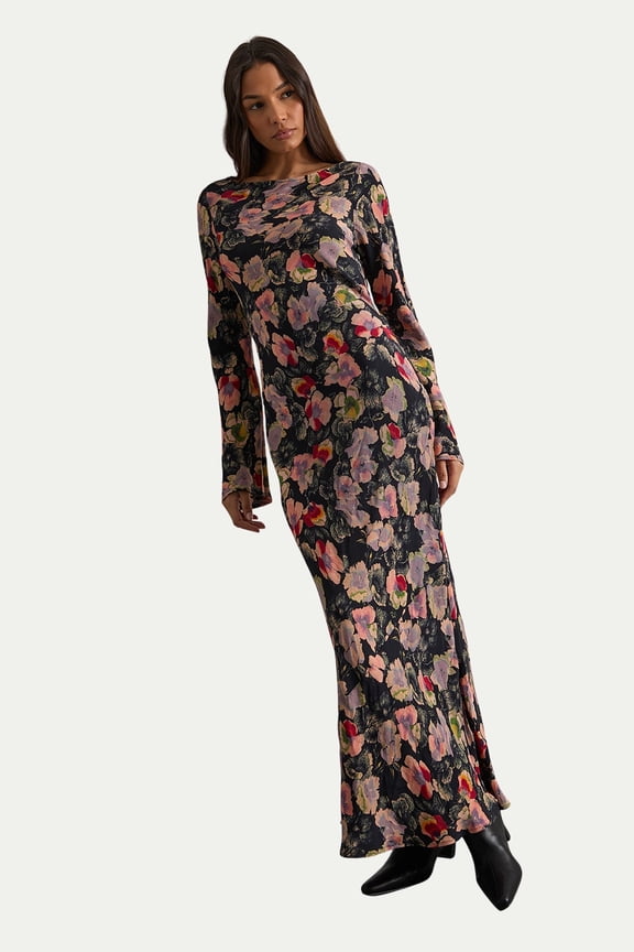 Floral Bias Cut Scoop Back Midaxi Dress - Navy, 4