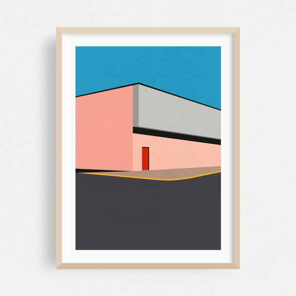 Warehouse Illustration - Illustration Minimalist Geometric Architecture Modern Art Abstract Mid-Century Modern Pastel Oak Framed Wall Art Print 5 x 7 inches