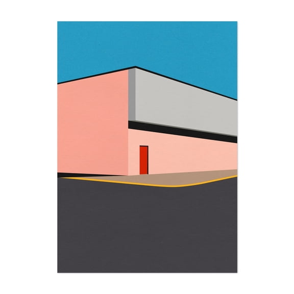Warehouse Illustration - Illustration Minimalist Geometric Architecture Modern Art Abstract Mid-Century Modern Pastel Unframed Wall Art Print 4 x 6 inches
