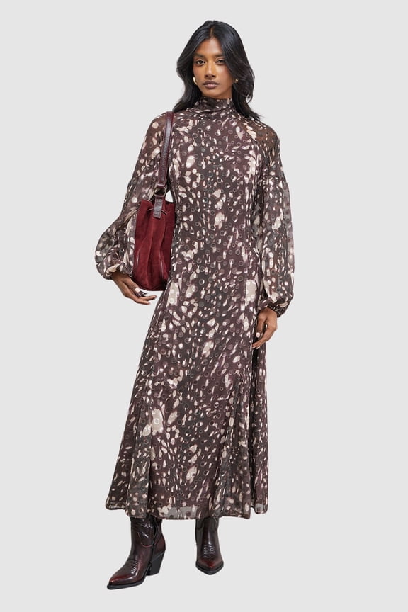 Paisley Burnout Spot Godet Midi Dress - Brown, 2