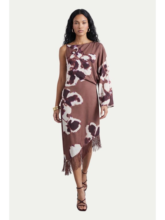 Petite One Shoulder Satin Midi Dress - Brown, 4