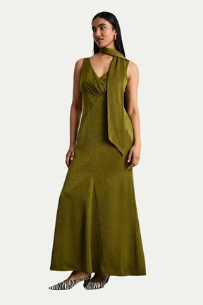 Plain Scarf Detail Tie Neck Maxi Dress - Green, 4