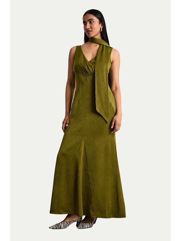 Plain Scarf Detail Tie Neck Maxi Dress - Green, 4