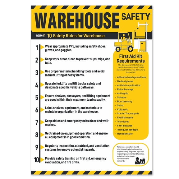 Warehouse Safety Rules Sign OSHA Workplace Poster Laminated For Employees PPE Compliance Waterproof Tear-Resistant