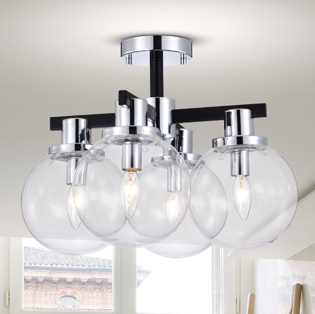 Hersilia 17.8 in. 4-Light Indoor Matte Black and Chrome Finish Semi-Flush Mount Ceiling Light with Light Kit