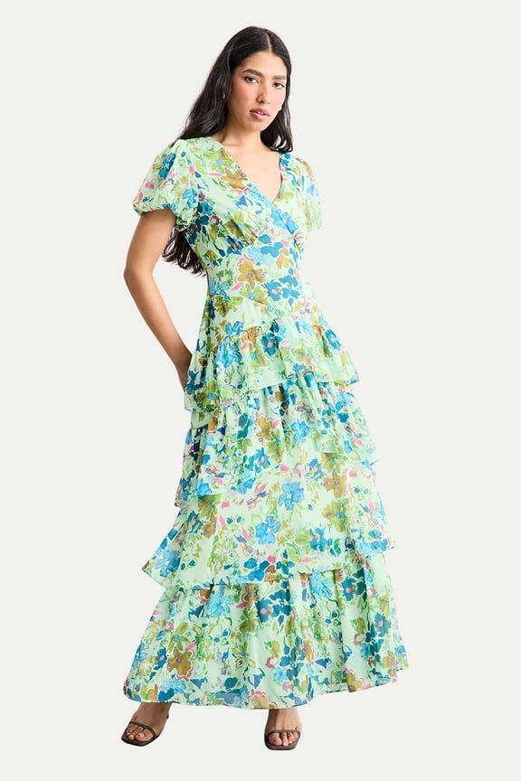 Waist Puff Sleeve Tiered Midi Dress - Green, 2