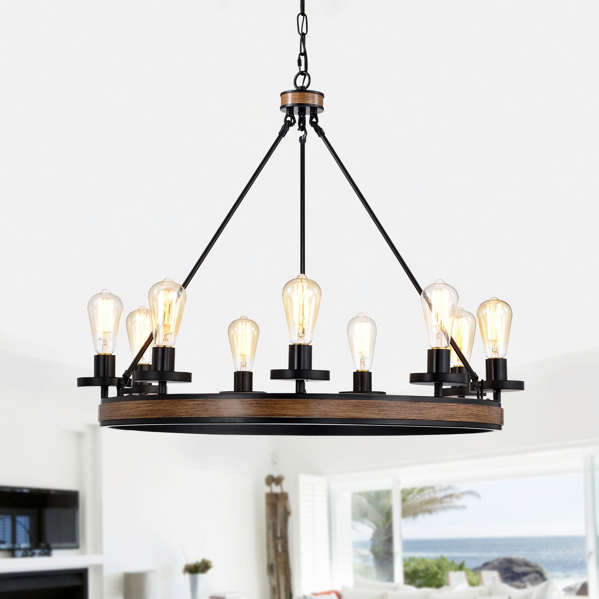 Black and Wood Grain 9-Light Wagon Wheel Chandelier
