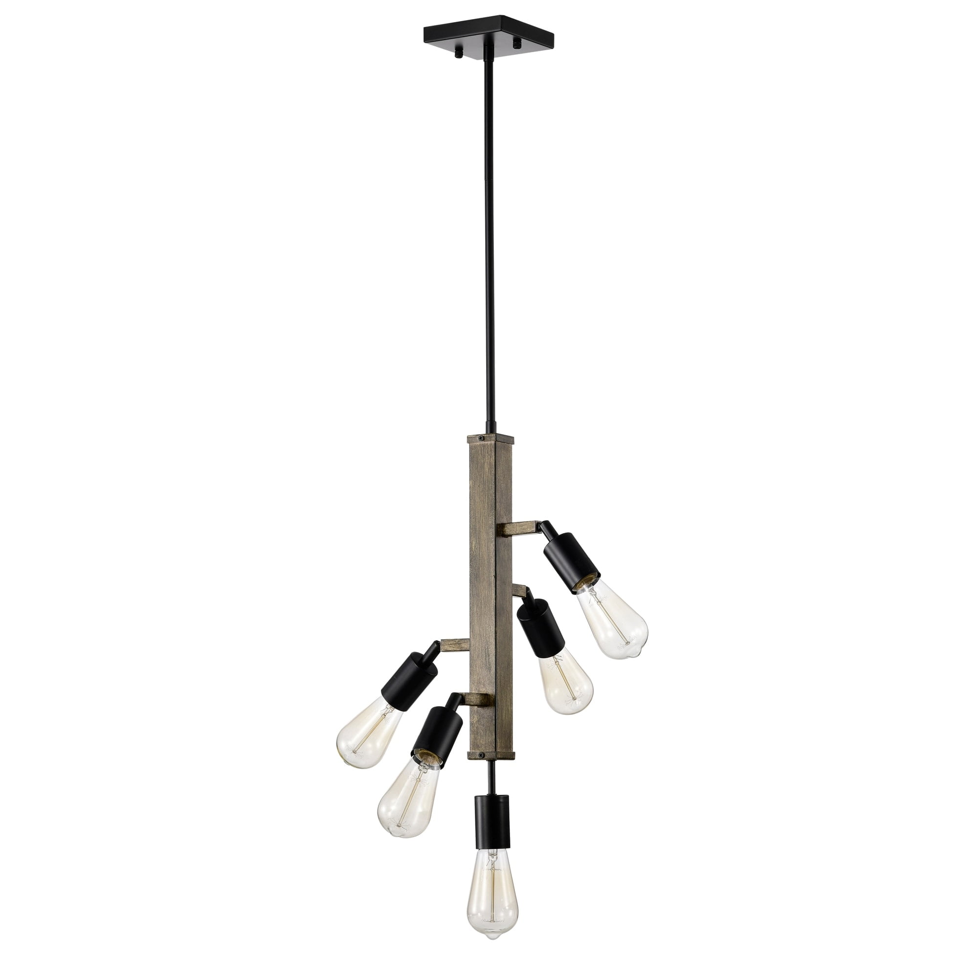 Matte Black and Wood Grain 5-Light Tiered Chandelier