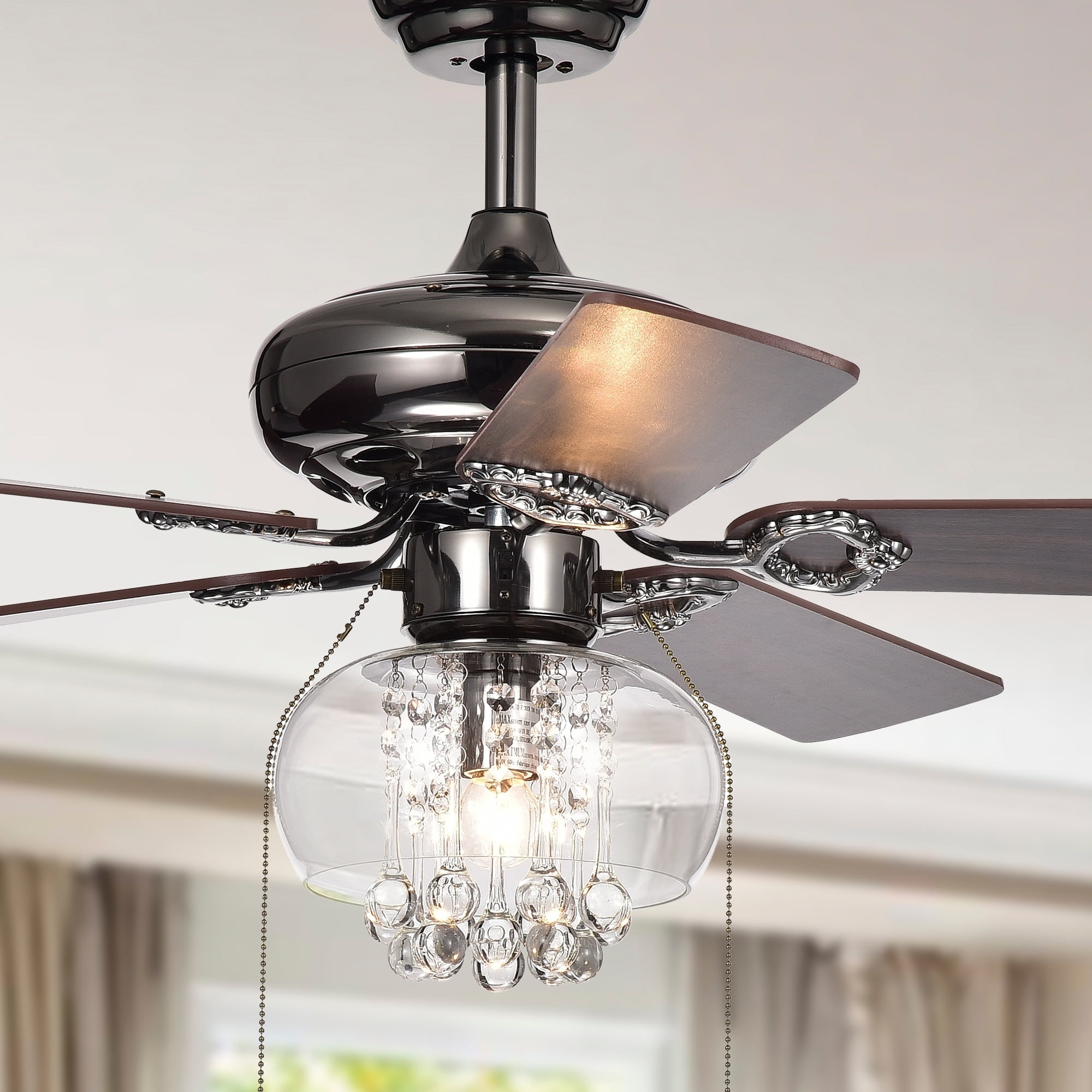 Satin Pear Black Crystal Chandelier Ceiling Fan with Reversible Wood Blades