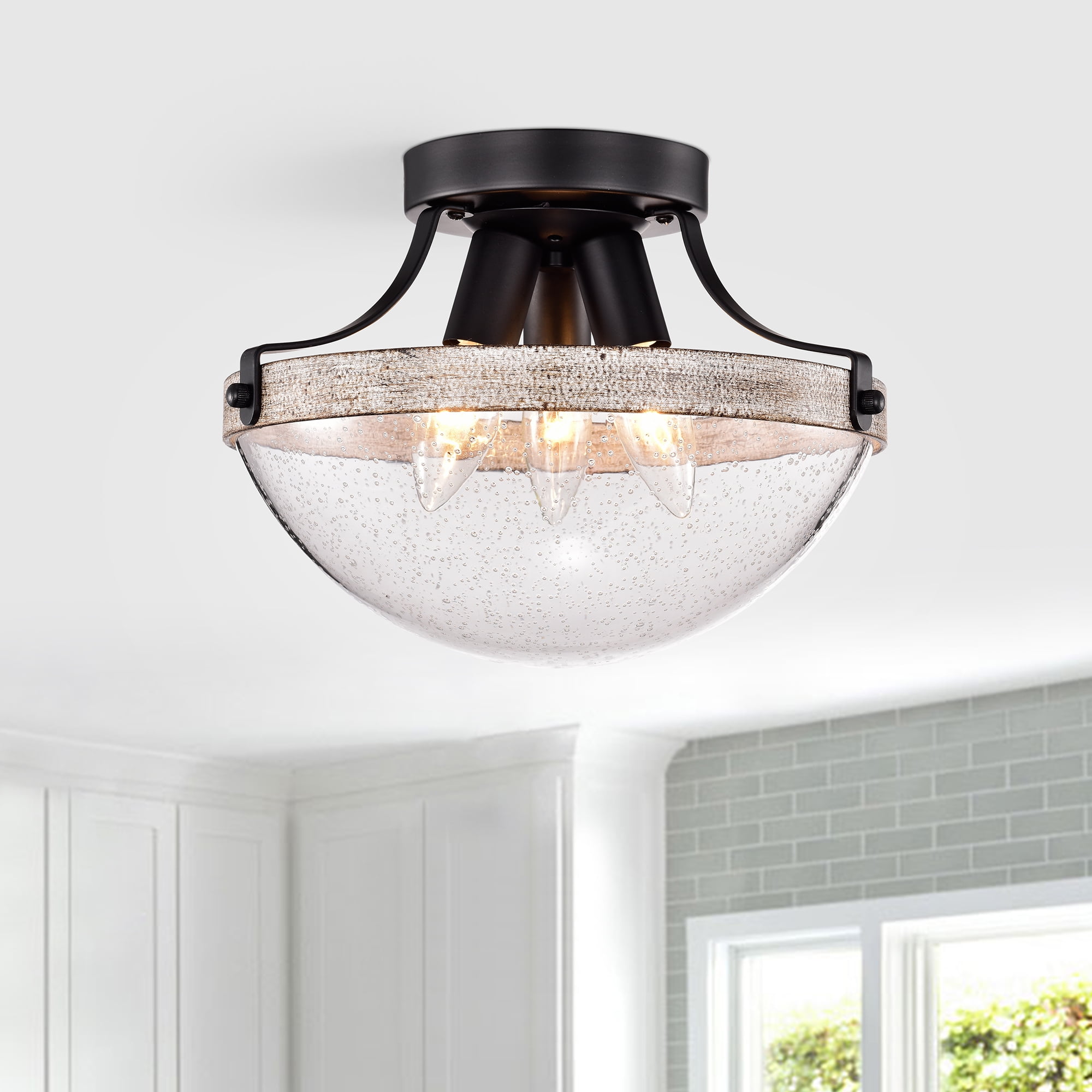 Warehouse of Tiffany Aimie Matte Black+Wood Grain 3-Light Metal & Glass Bowl Shade Semi-Flush Mount