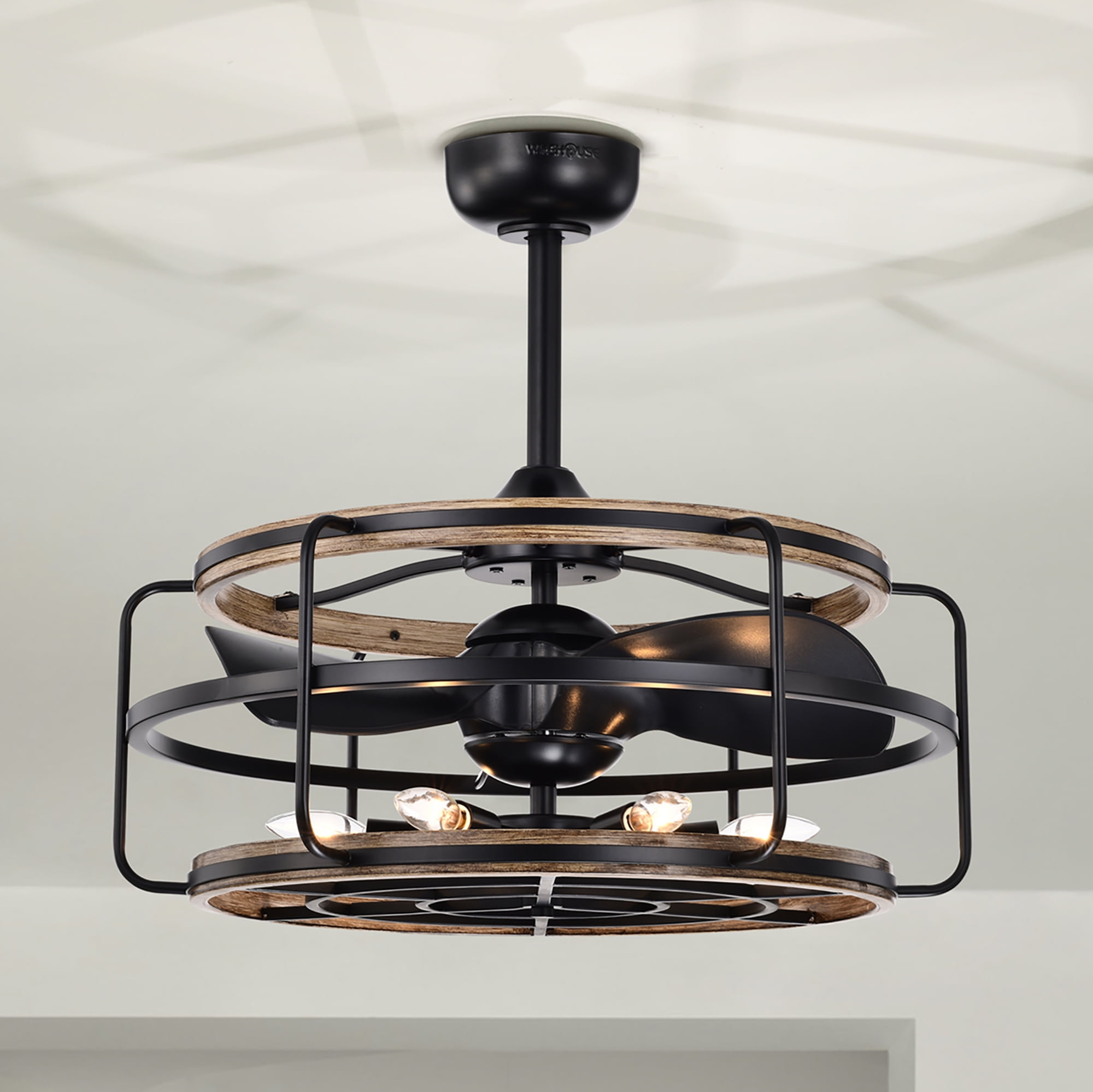 Warehouse of Tiffany Amable 26 Inch Farmhouse and Industrial Style Matte Black Finish Lighted Ceiling Fandelier with Remote