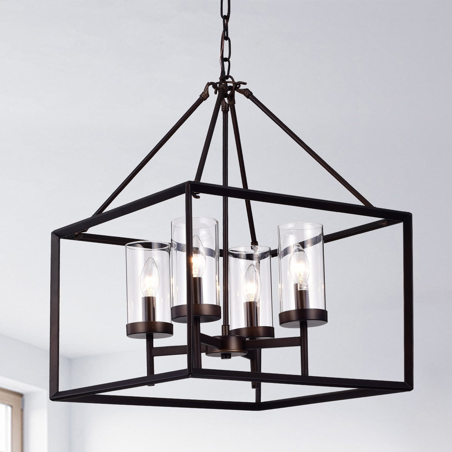 Anson 4-light Clear Pillar Glass Antique Bronze Square Pendant