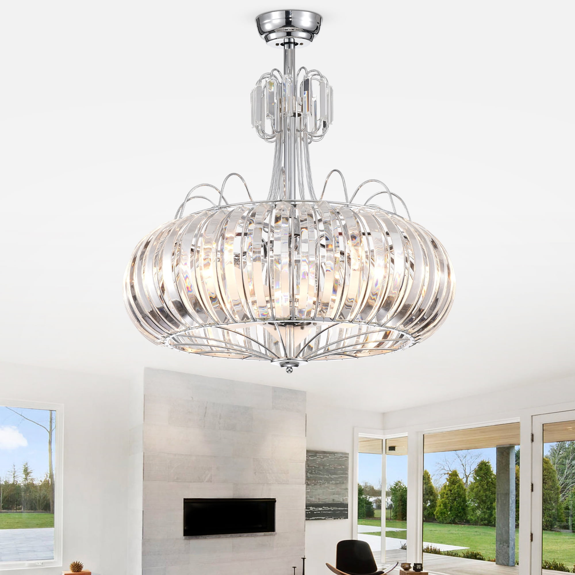 Warehouse of Tiffany Bellamy Chrome 28" Gray Lighted Ceiling Fan with Crystal Shade Remote Controlled