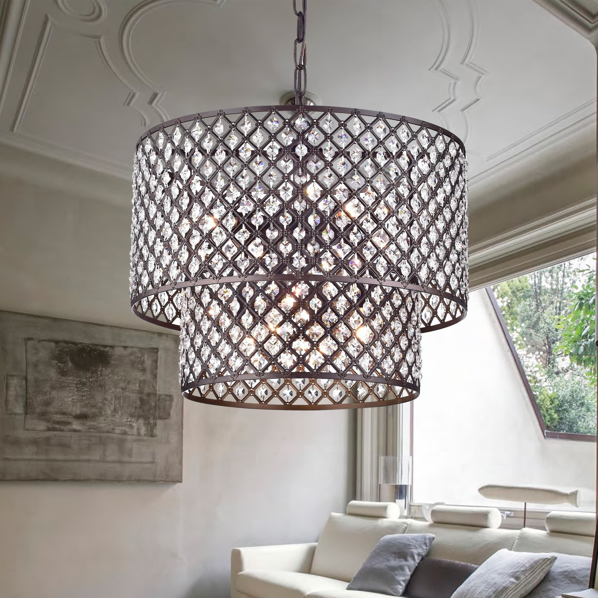 Antique Bronze Brilliance Drum Chandelier with Glass Crystals