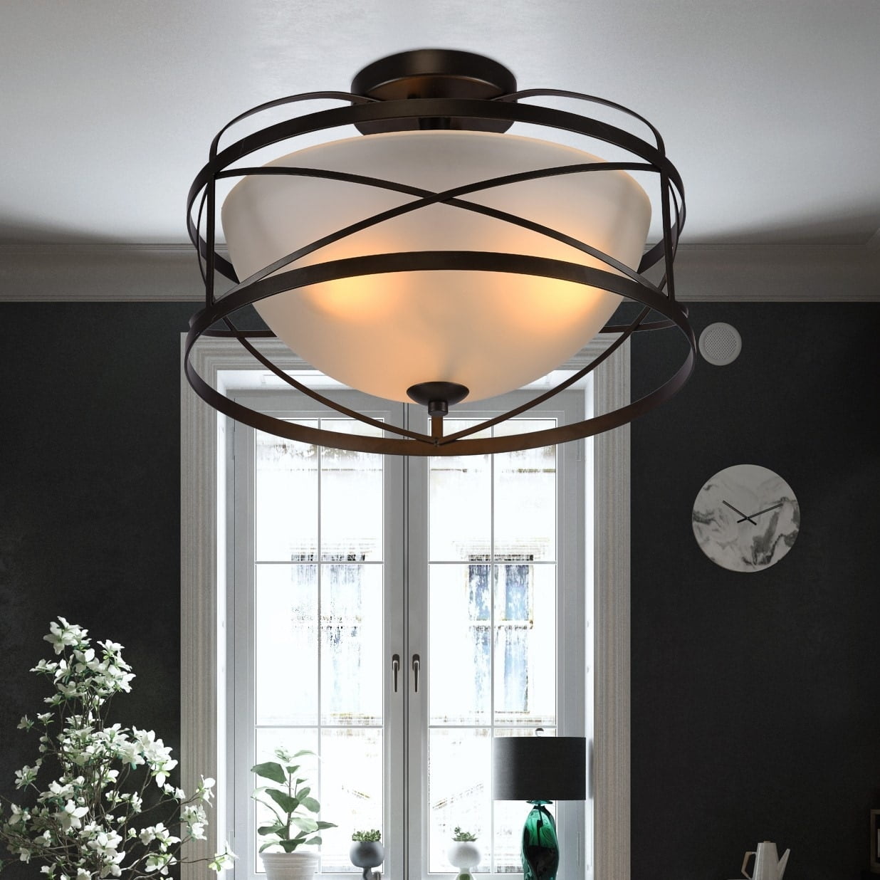 Bertrand 14" Black Round Flushmount with Frosted Glass