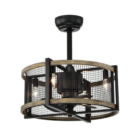 Warehouse of Tiffany Blane Matte Black+Imitation Wood Grain 20-inch 4-Light Geometric Metal Drum Shade Ceiling fan