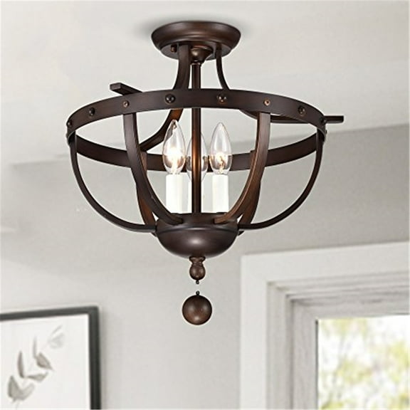Warehouse of Tiffany Bopelo Faux Wood Grain Metal 3-Light Semi-Flush Ceiling Lamp