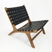 Warehouse of Tiffany Brisot Square Weave Leather on Teak Wood Lounge Chair Black