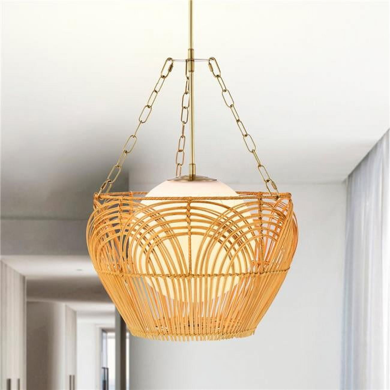 15" Brass and Woven Rattan Globe Pendant Light with Frosted Glass Shade