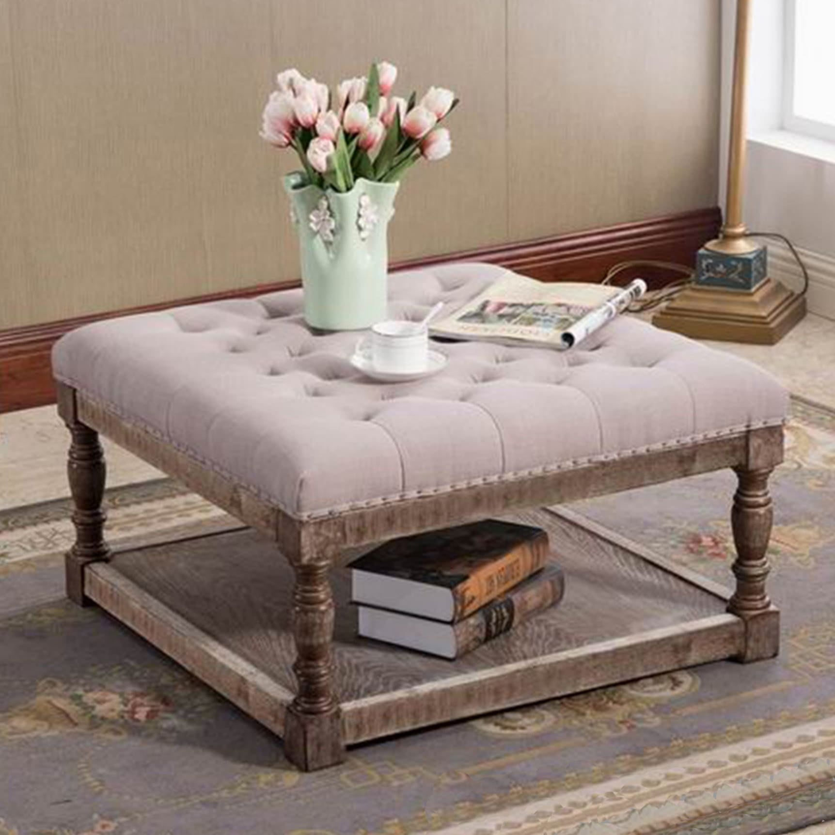 Cairona 30" Light Gray Tufted Linen Cocktail Ottoman with Wooden Shelf