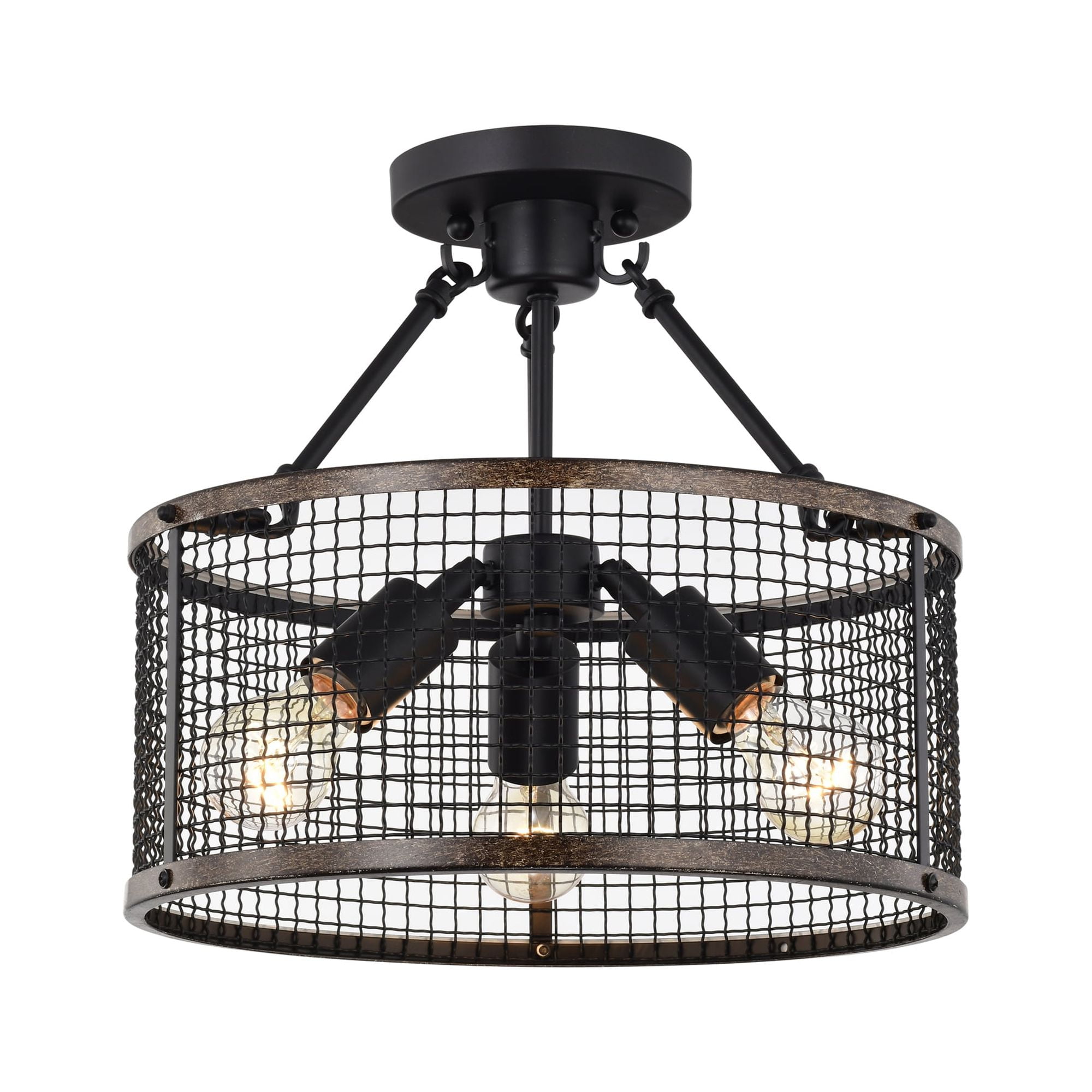 Warehouse of Tiffany Cerere Semi Flush Mount Ceiling Light Matte Black and Wood Grain Finish 3-Light