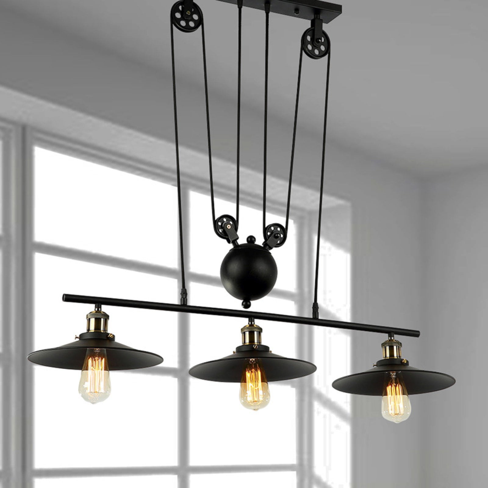 Chic Black Metal 44" Pulley Adjust Industrial Chandelier