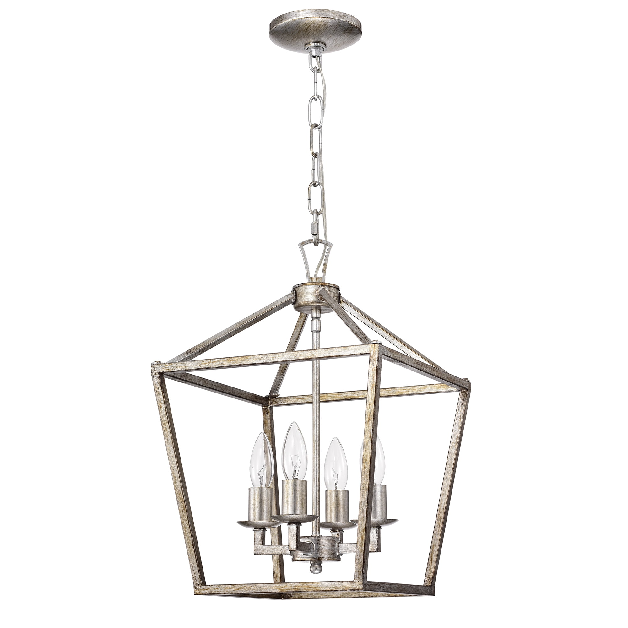 Antique Silver 4-Light Metal Cage Lantern Chandelier