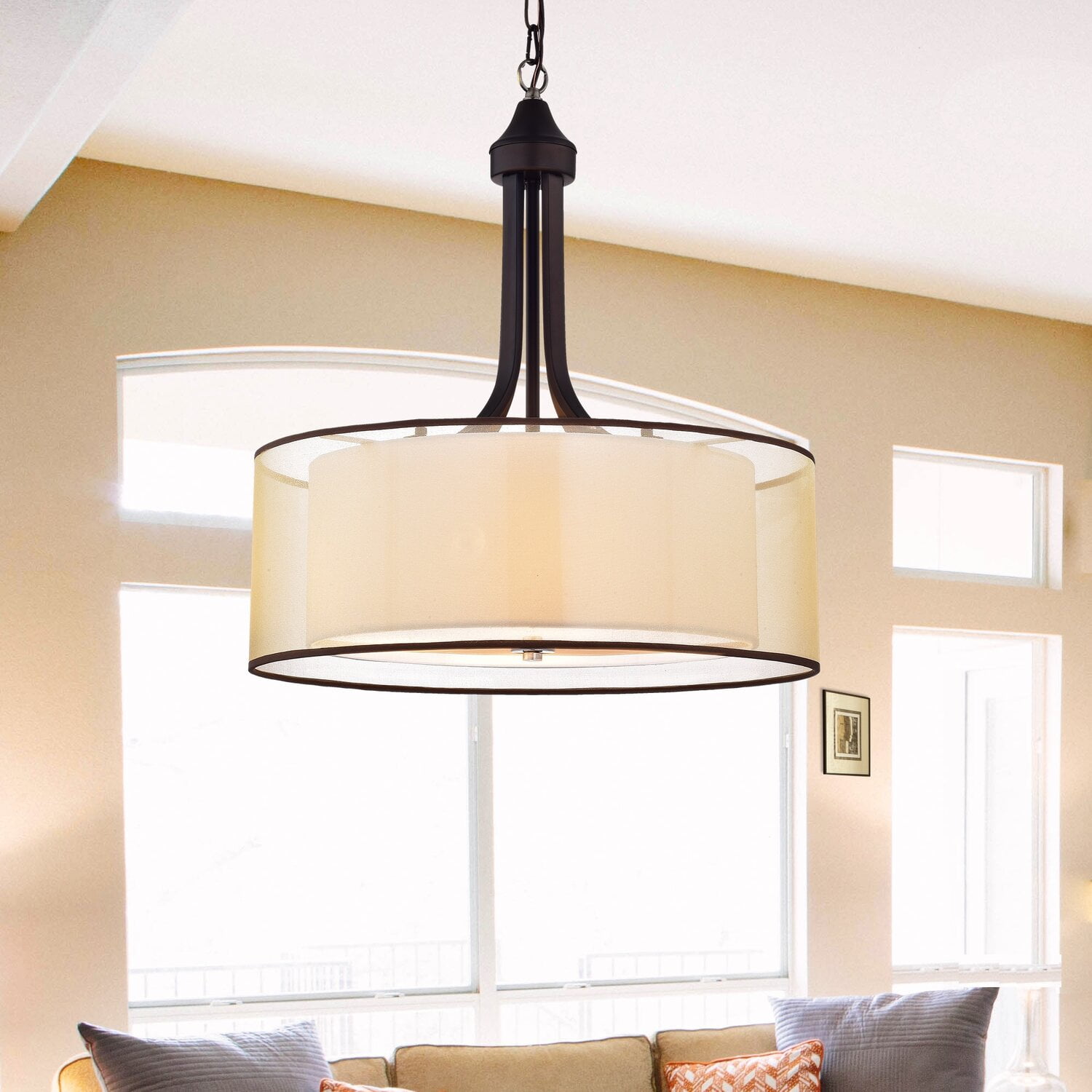 Antique Bronze Drum Pendant Chandelier with Off-White Fabric Shade